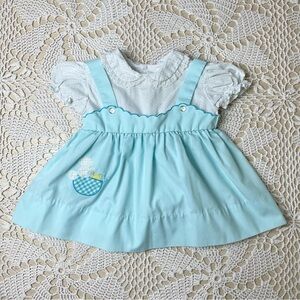 Vintage 1970s Baby Girl 6 Months Blue Kitsch Squirrel Collared Dress